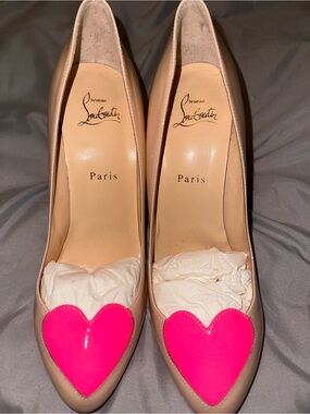 Christian Louboutin Nude Leather Pumps with Hot Pink Heart Toe